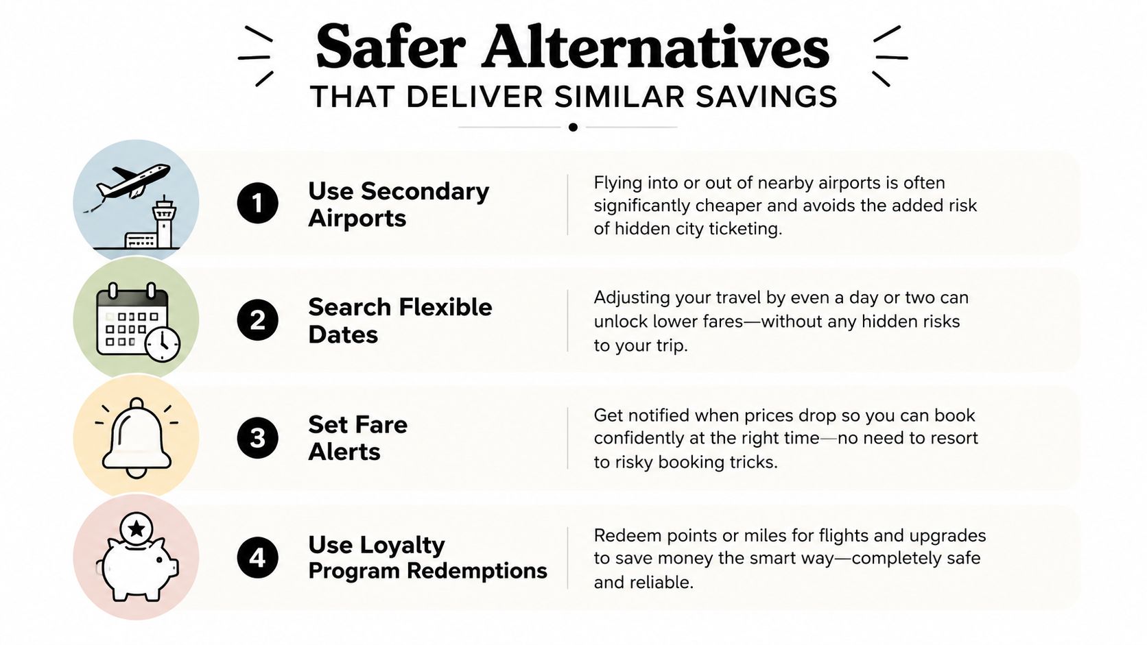 A list of four safe travel alternatives to hidden city ticketing for finding cheaper flights.