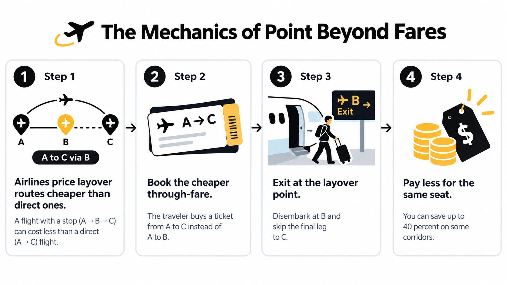 An infographic showing the four steps of skiplagging to save money on airline tickets.