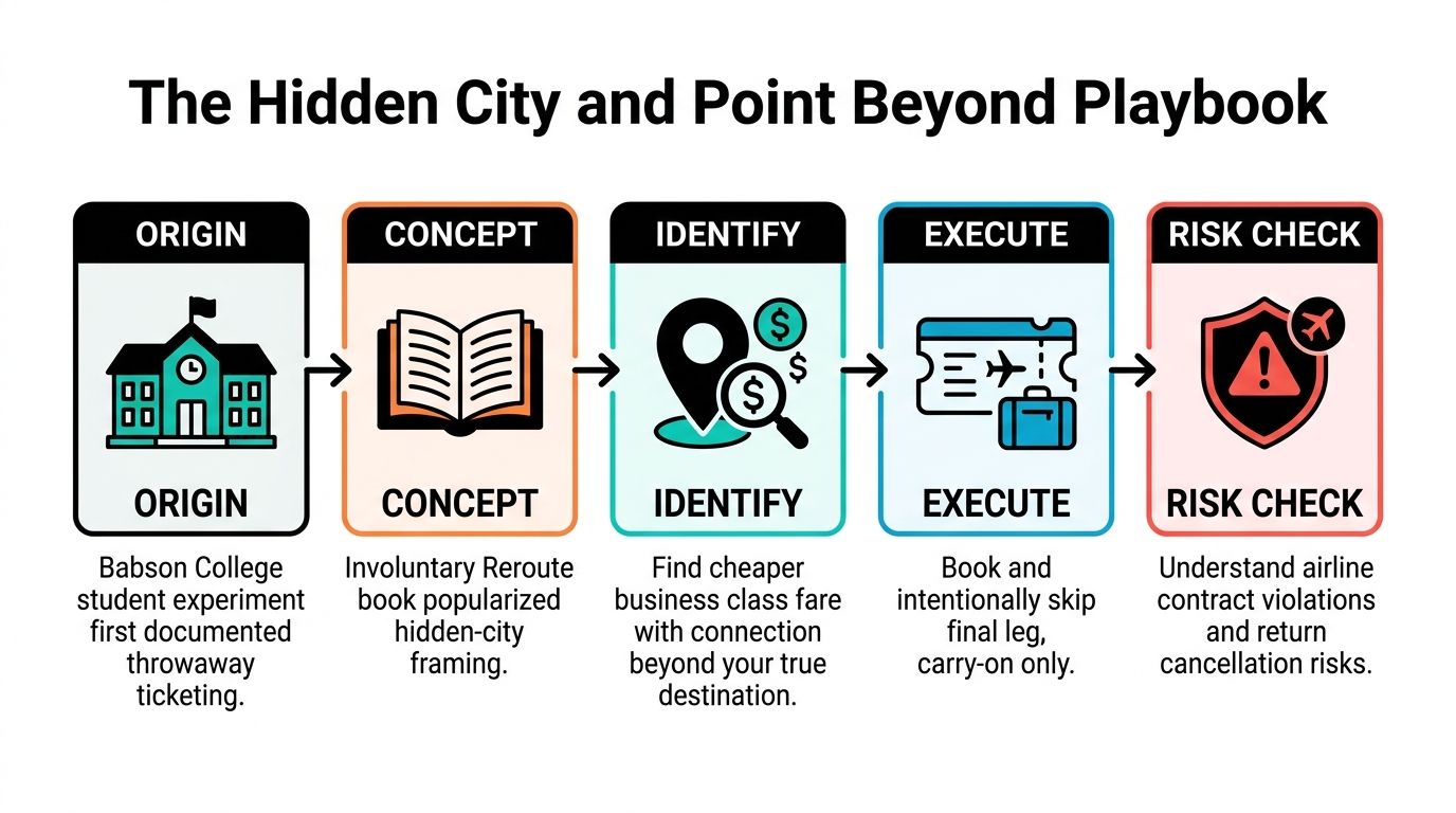 A five-step flowchart explaining the hidden-city and point-beyond ticketing strategy for booking cheaper airline flights.