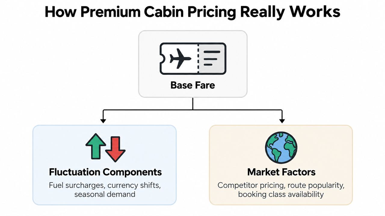 A diagram illustrating how premium cabin airfare pricing is determined by base fare, fluctuations, and market factors.