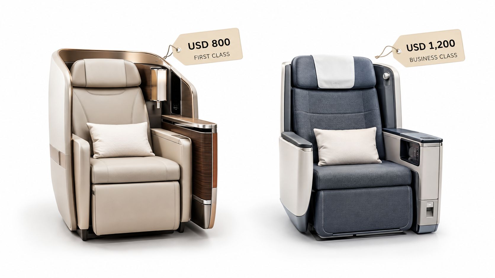 A side-by-side comparison of a luxury first class seat and a premium business class airline seat.
