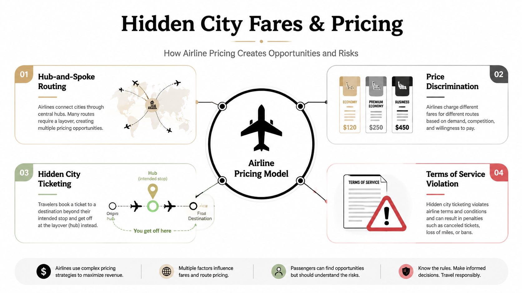 An infographic explaining hidden city ticketing, airline pricing models, and potential risks for airline passengers.