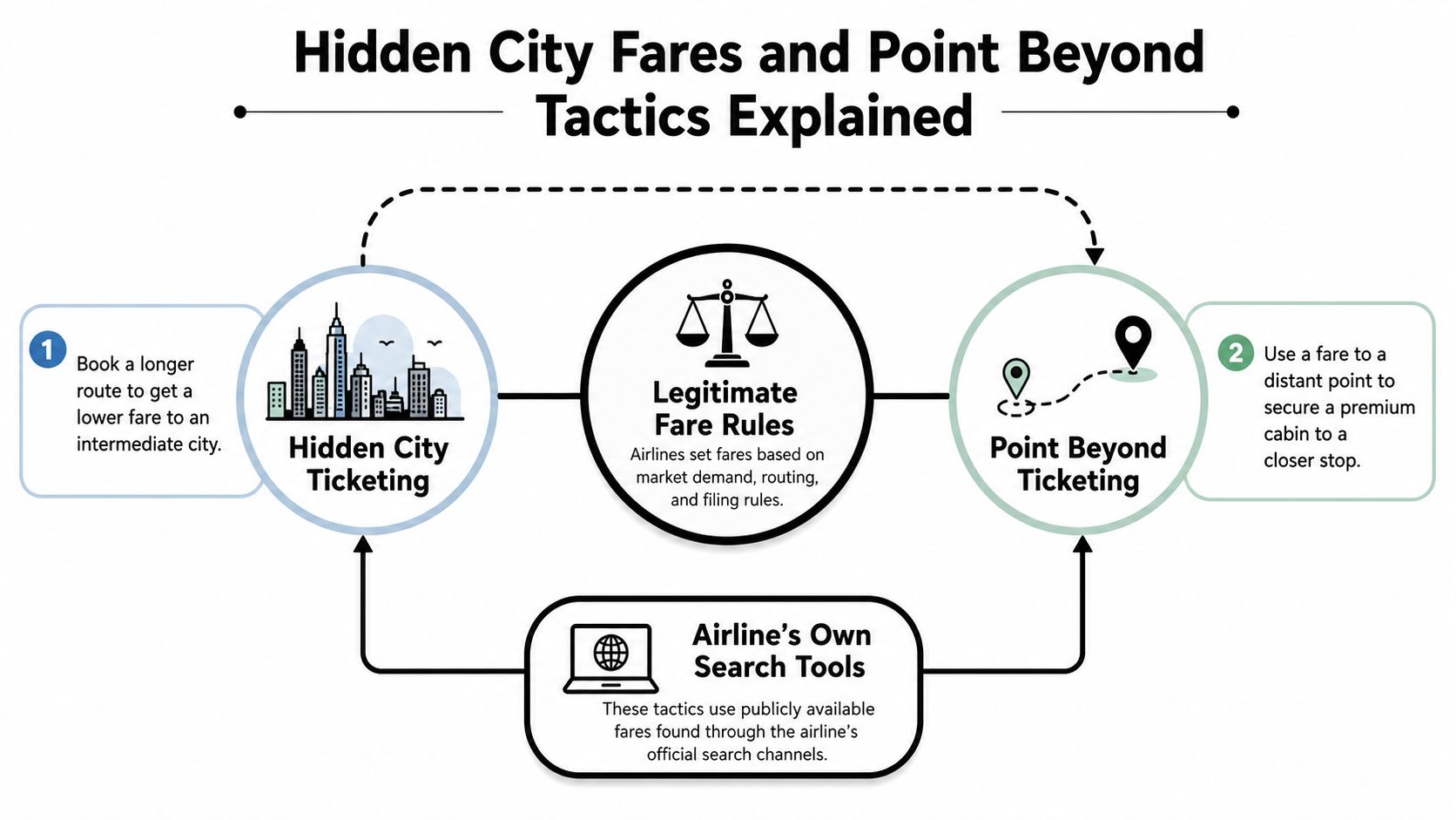 A diagram explaining Hidden City and Point Beyond flight booking tactics using airline search tools.
