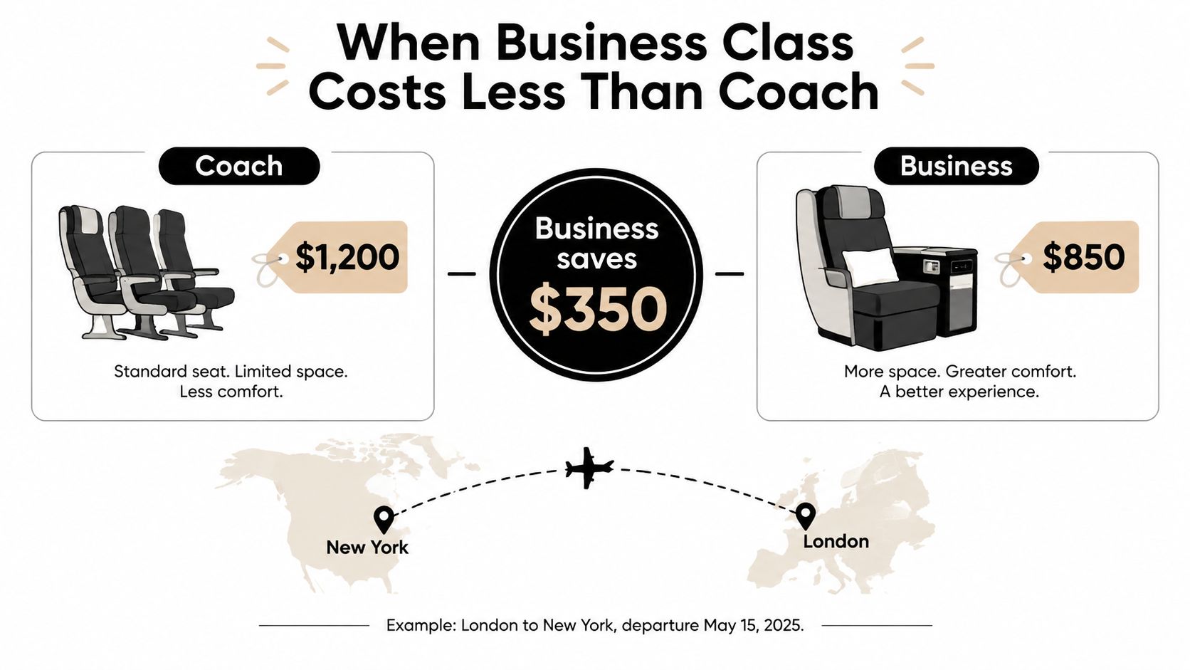 An infographic showing that business class flight tickets can cost less than coach seats for international travel.