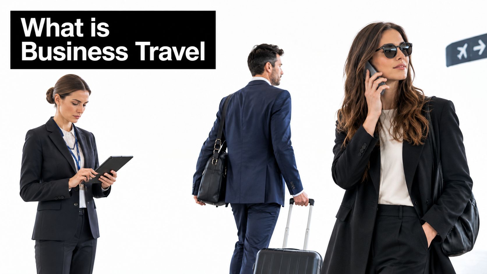 Three business professionals walking in an airport terminal, representing the concept of corporate travel and mobility.