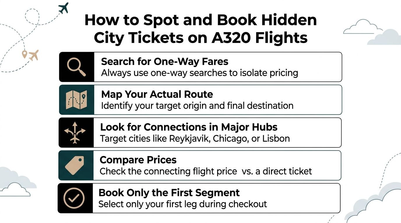 A travel infographic titled How to Spot and Book Hidden City Tickets on A320 Flights.