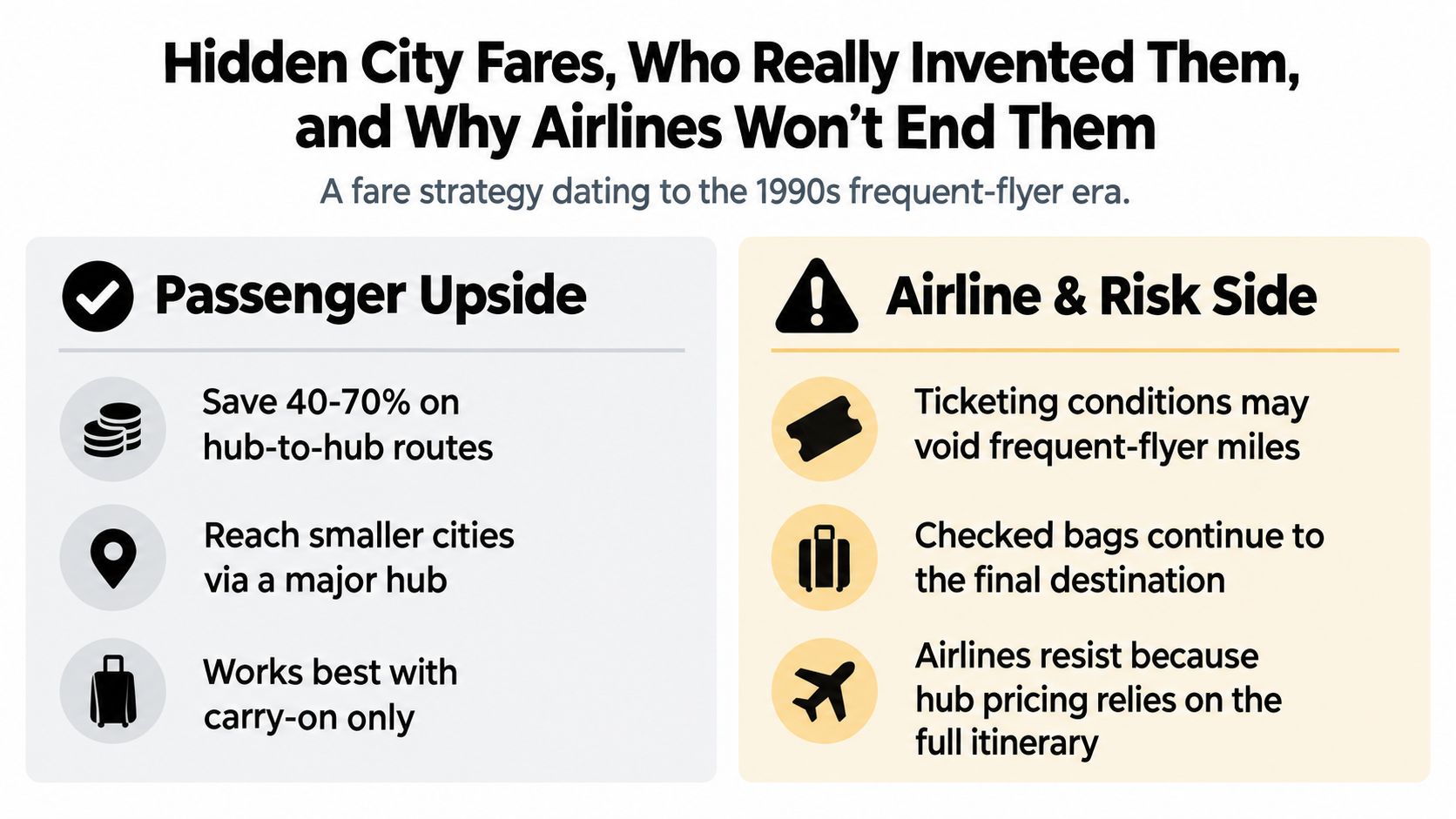 An infographic comparing the benefits and risks of using hidden city fares for airline travel.
