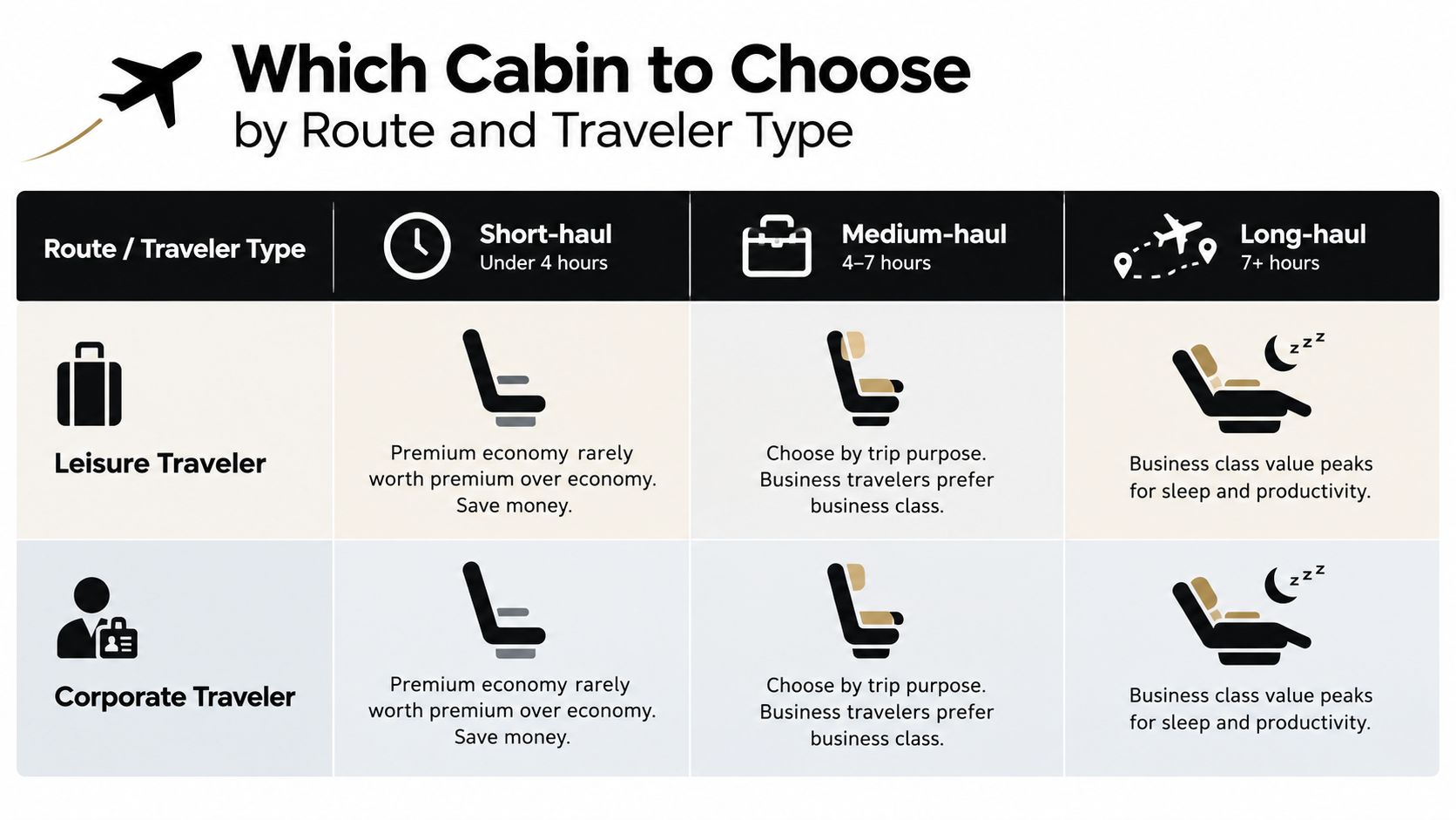 An infographic table comparing cabin class choices for leisure and corporate travelers across short, medium, and long-haul flights.