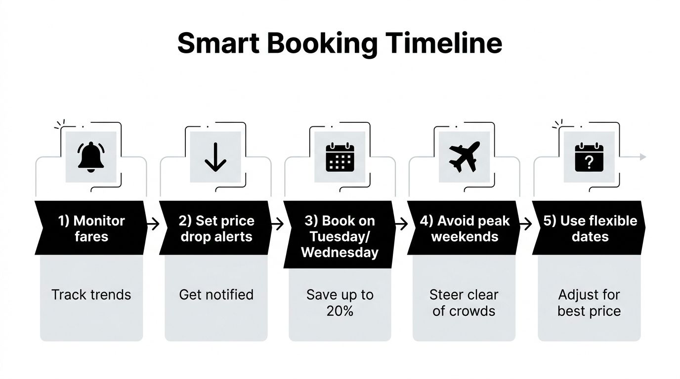 A flowchart titled Smart Booking Timeline showing five steps to find affordable travel fares.