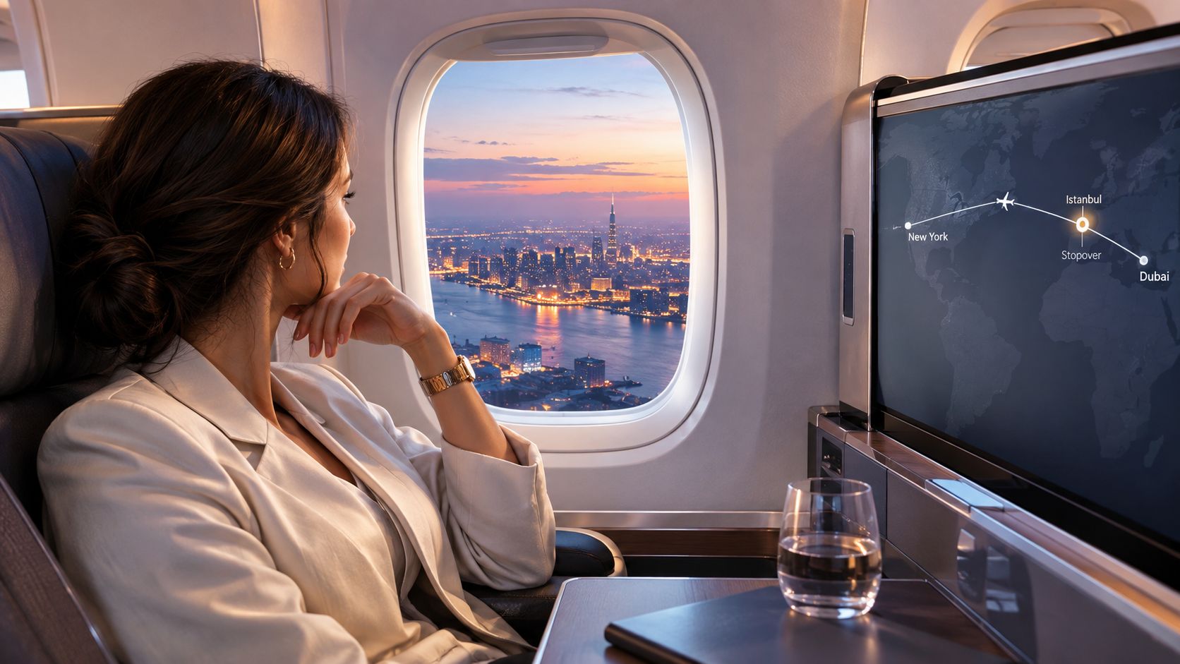 A woman looks out of an airplane window at a sunset city view with flight map display.