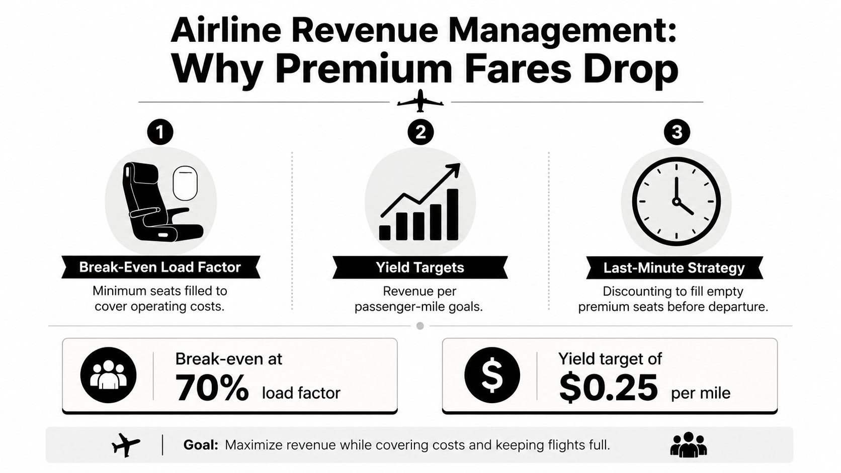 An infographic explaining how airlines manage premium fares through load factors, yield targets, and last-minute strategies.