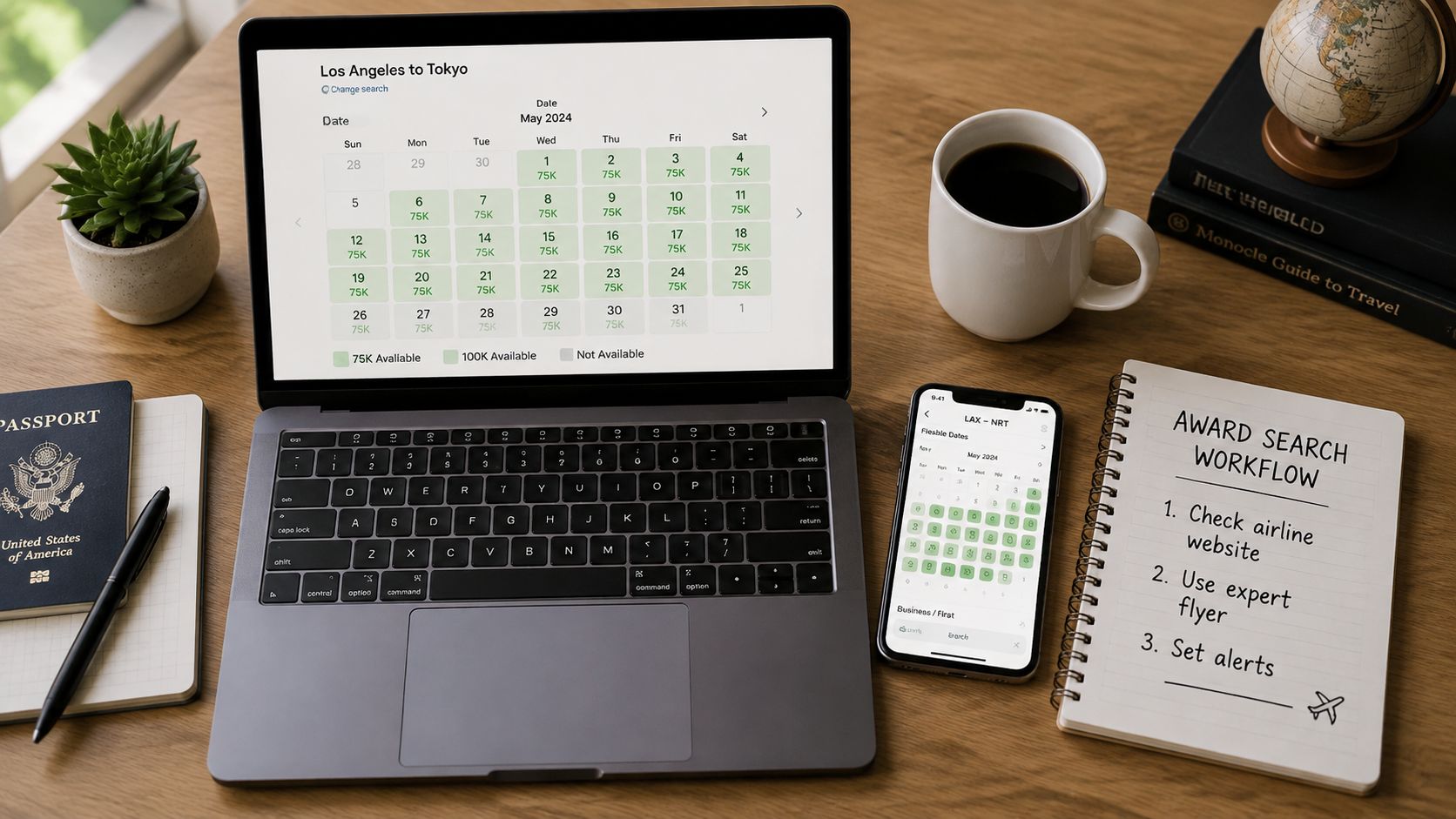 A laptop and smartphone displaying flight award calendars on a wooden desk with a passport and notebook.