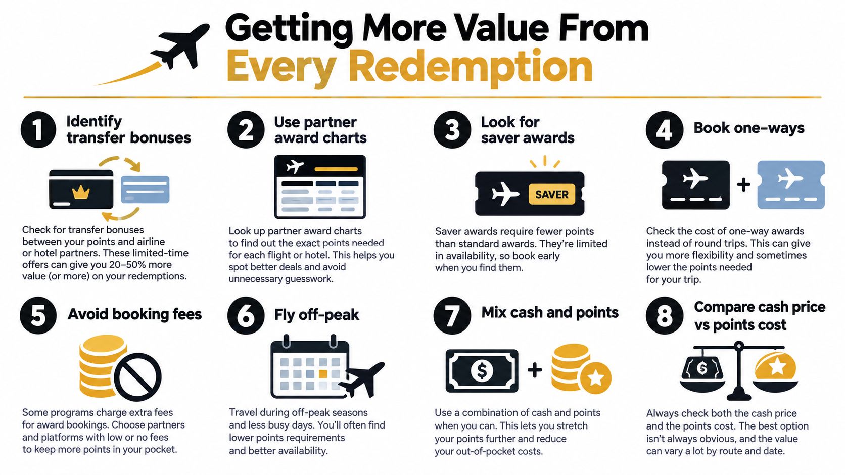 An infographic titled Getting More Value From Every Redemption, listing eight tips for travel reward point optimization.