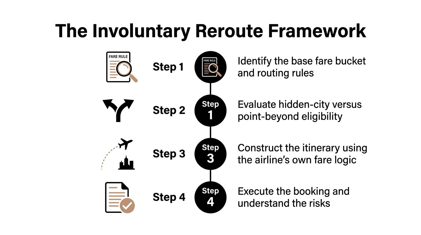 A four-step infographic showing the involuntary reroute framework for understanding airline fare rules and booking flights.