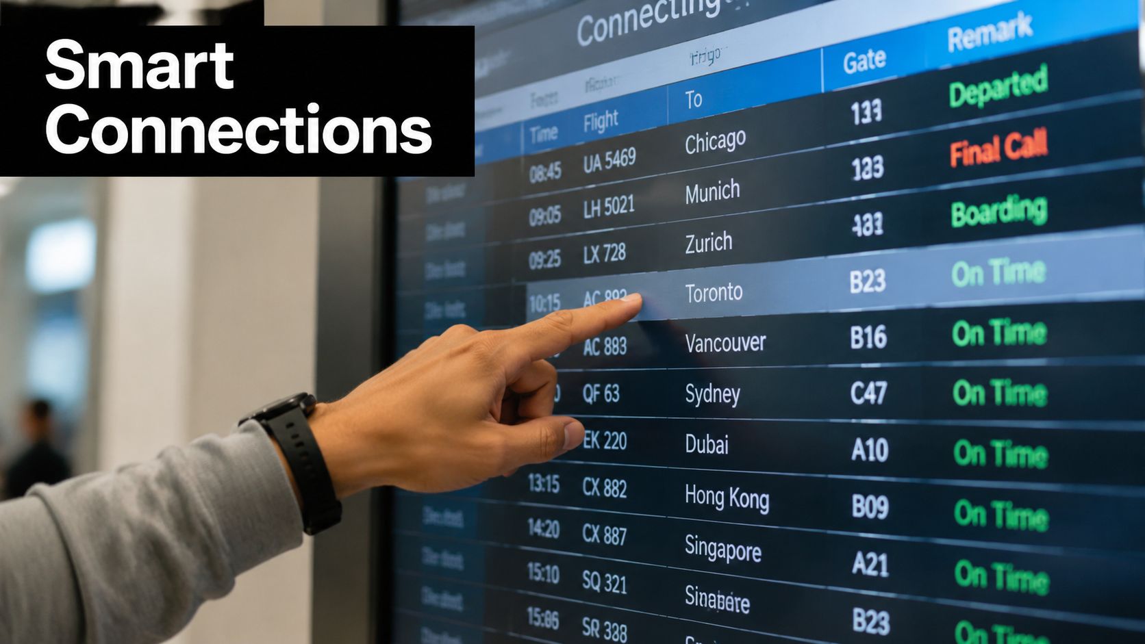 A person pointing at a flight departure information display board at an airport terminal.