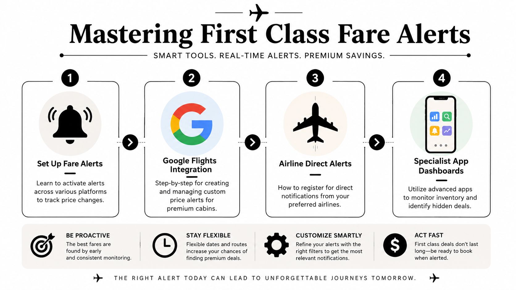 An infographic titled Mastering First Class Fare Alerts providing tips on tracking and securing premium airfare deals.