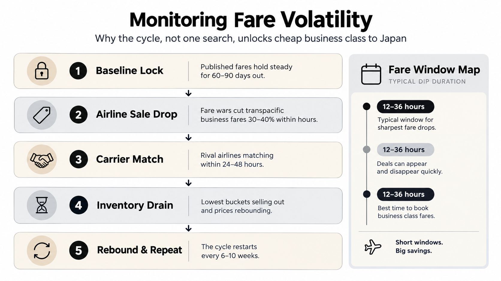 An infographic titled Monitoring Fare Volatility explaining the five-step cycle for finding cheap business class flights to Japan.