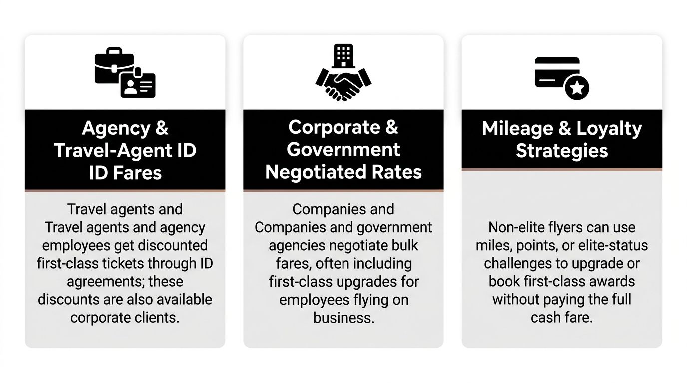 A graphic illustration detailing three strategies for obtaining first-class air travel at discounted or reduced rates.