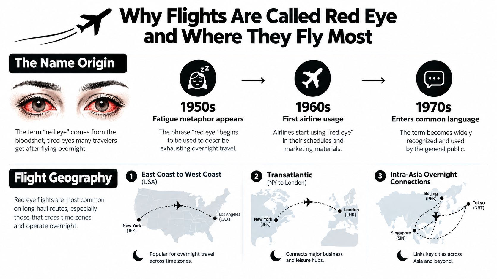 An infographic explaining the origin of the term red eye flight and its common travel routes.