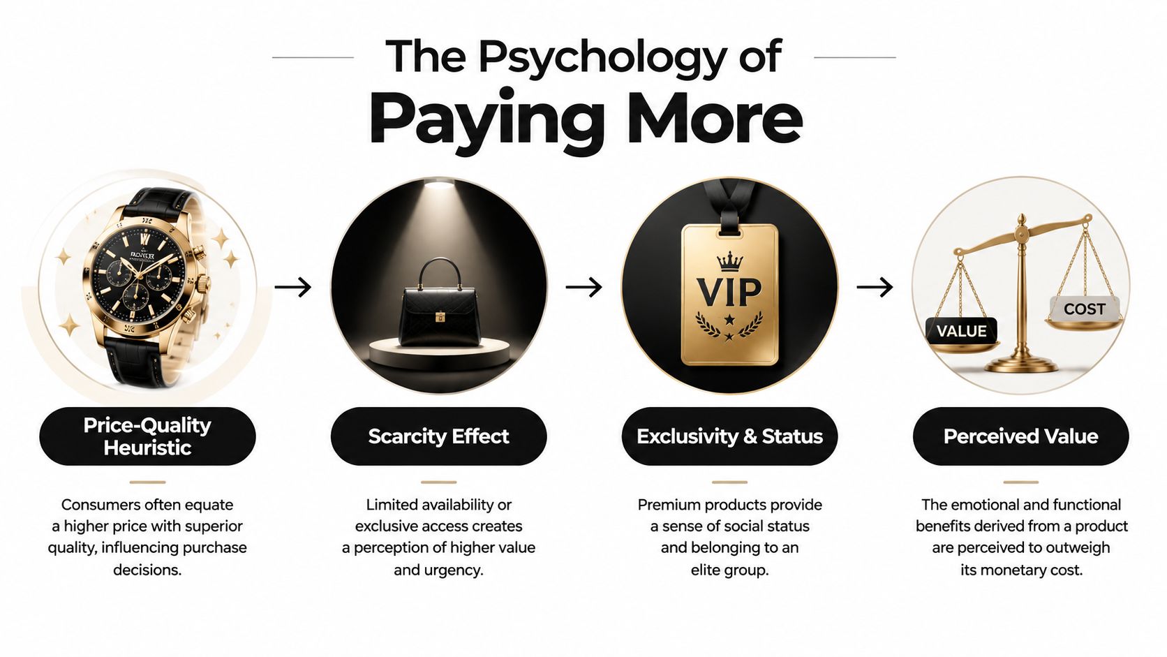 An infographic titled The Psychology of Paying More, illustrating factors like price, scarcity, exclusivity, and perceived value.
