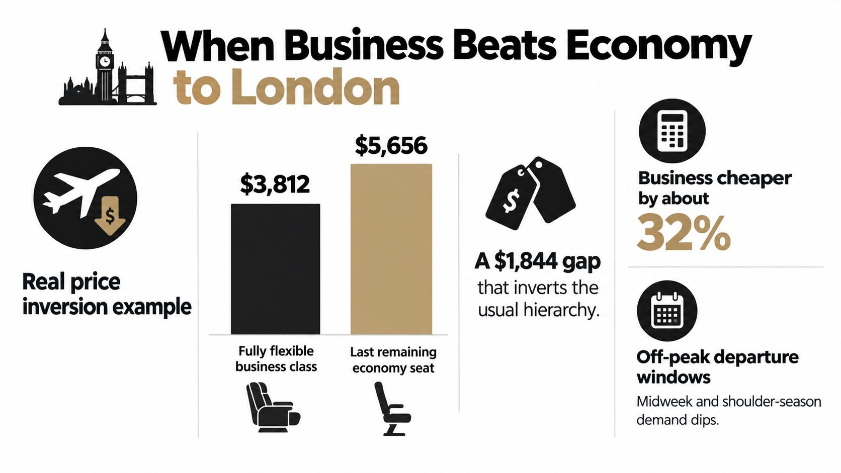 An infographic showing a price comparison where a business class flight is cheaper than an economy seat.