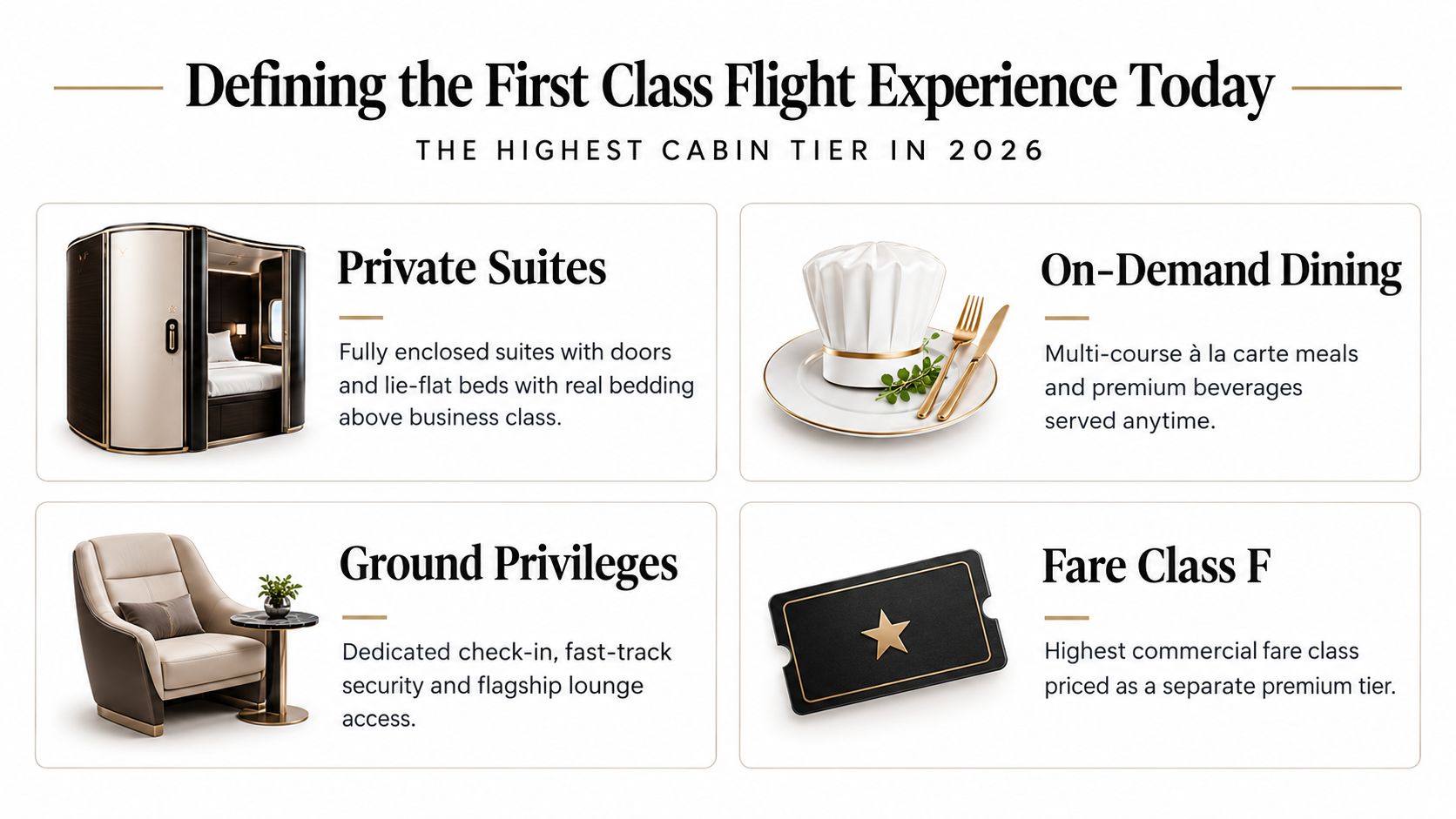 An infographic titled Defining the First Class Flight Experience, showcasing private suites, on-demand dining, ground privileges, and fare class.