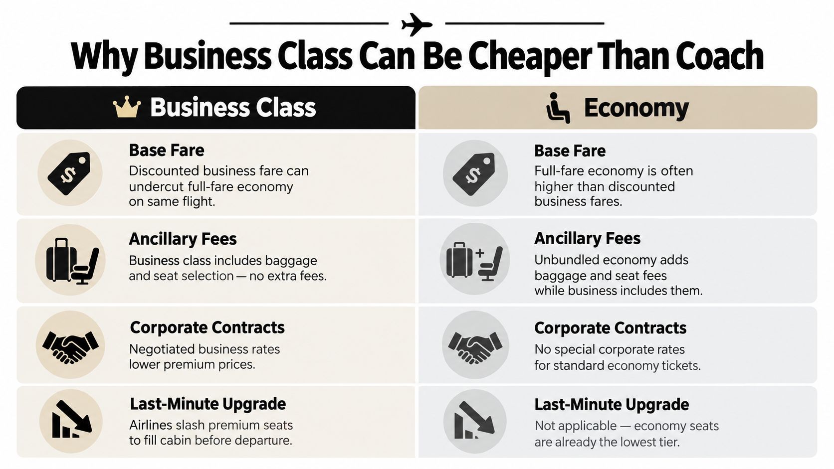 A comparison chart showing four key reasons why business class flights can sometimes cost less than economy.