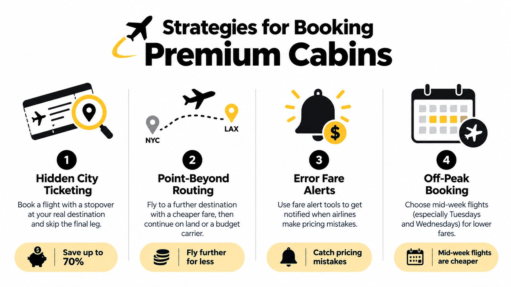 An infographic showing four strategies for booking premium airline cabins including hidden city and off-peak booking.