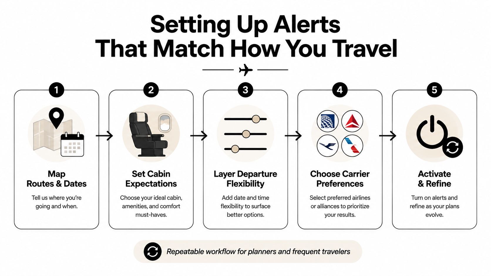 A five-step infographic showing how to set up travel alerts for flights based on personal preferences.