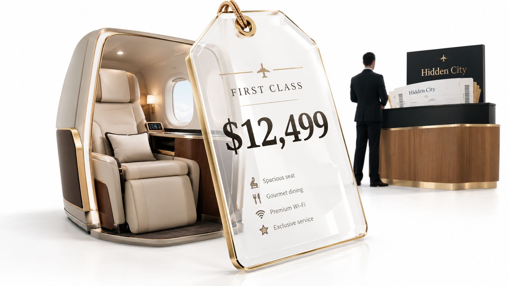 A luxurious first class airline seat displayed with a price tag and a concierge at a counter.