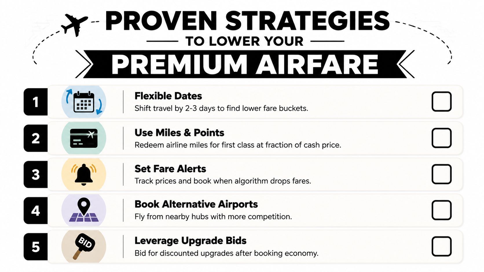 A list of five effective strategies to reduce the cost of premium airfare travel.