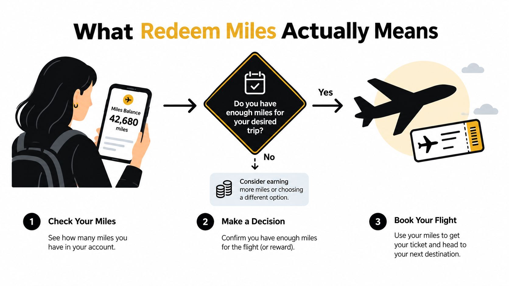 A diagram illustrating three steps to redeem airline miles for travel bookings through an account balance check.