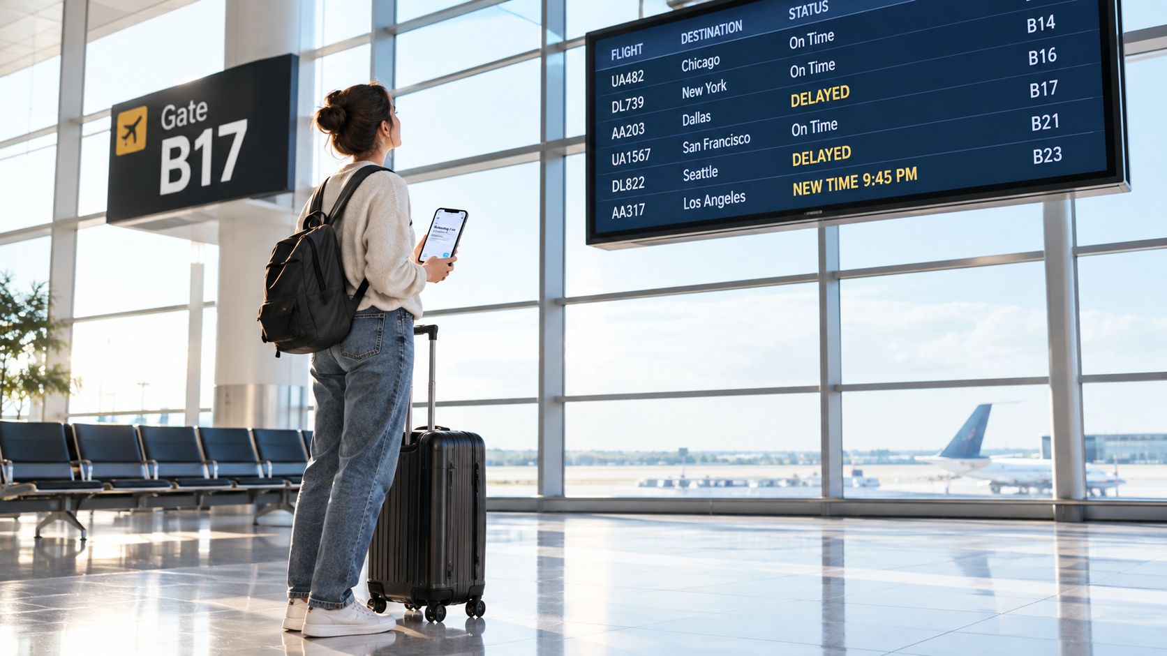 A traveler standing in an airport terminal looking at flight departure information on a large screen.
