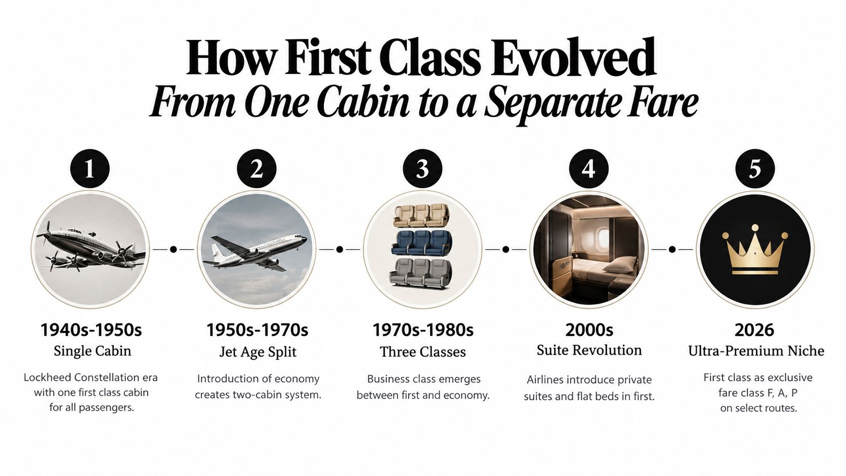 An infographic timeline explaining the historical evolution of airline first class from the 1940s to 2026.
