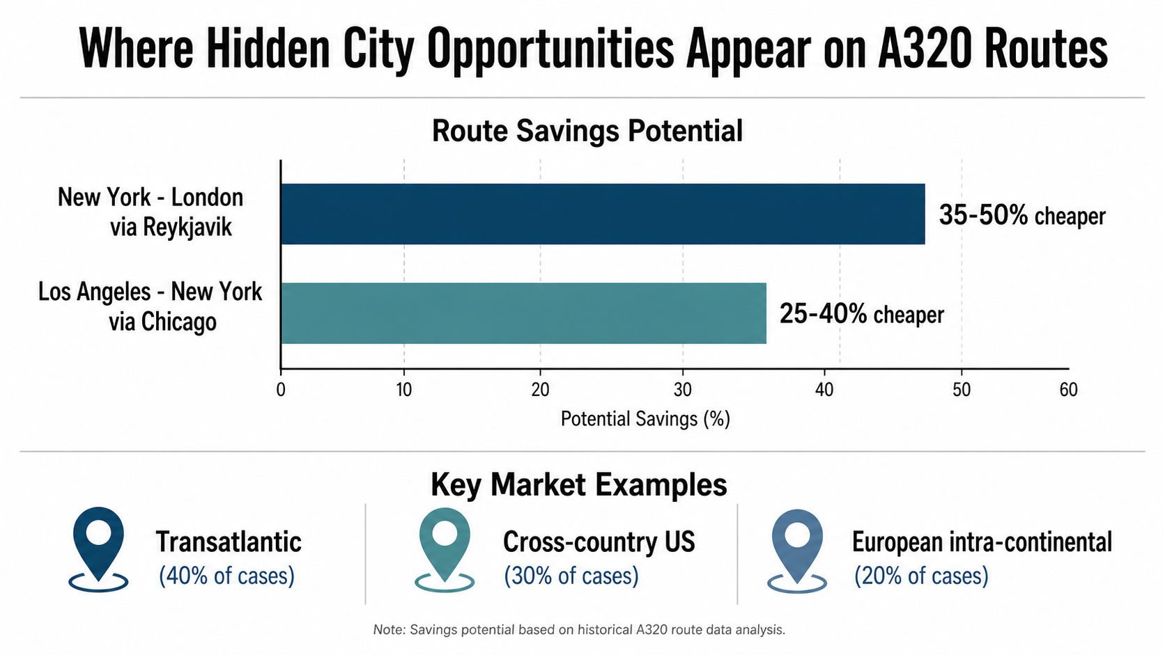 A chart illustrating potential savings from hidden city ticketing on Airbus A320 flight routes.