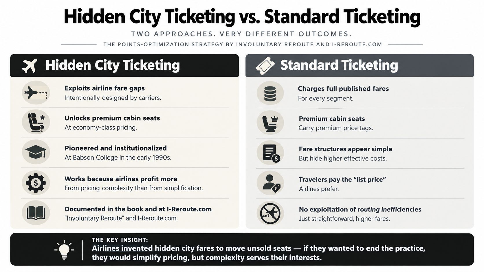 A comparison chart outlining the differences between hidden city ticketing and standard airline fare pricing strategies.