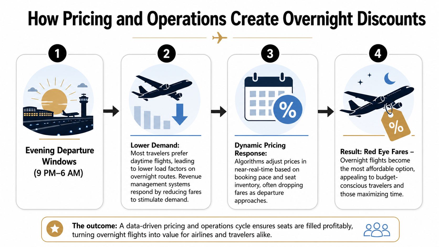 A four-step infographic explaining how airlines use dynamic pricing to create discounted overnight red-eye flight fares.