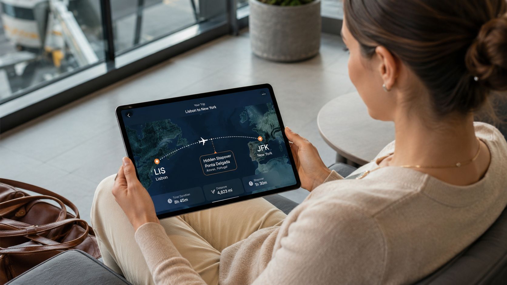A woman holding a tablet showing a flight route from Lisbon to New York with a stopover.