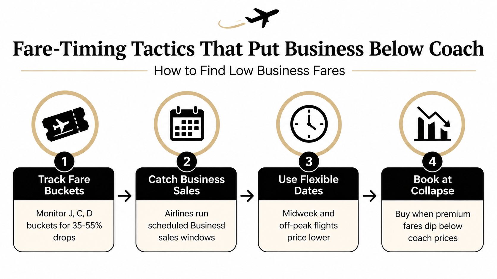 A four-step infographic showing tactics to find affordable business class flights using fare bucket monitoring and flexible timing.