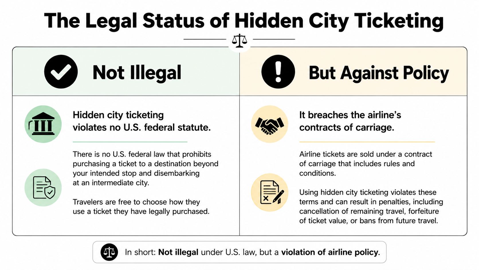 An infographic explaining that hidden city ticketing is not illegal under US law but violates airline policy.