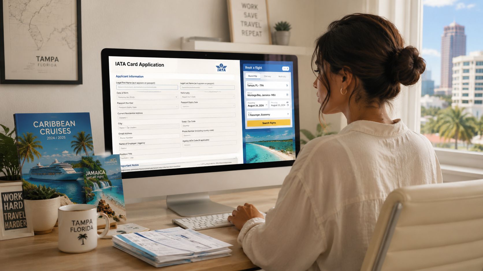 A woman working on a travel agent ID card application on her computer at a sunlit desk.