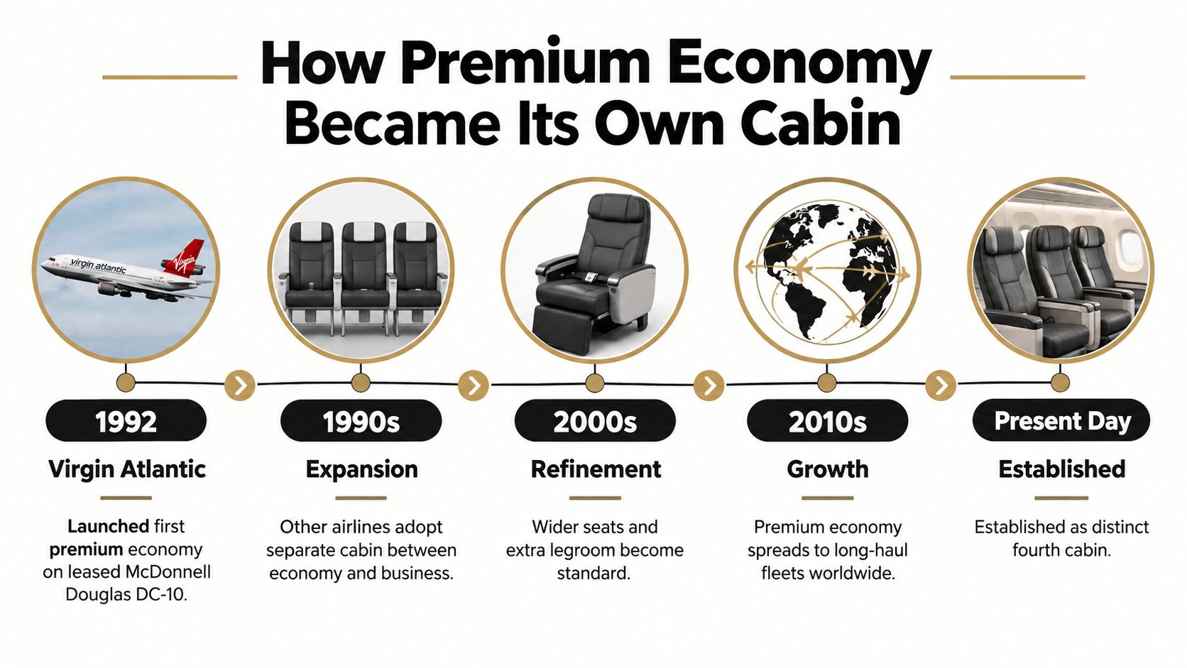A timeline graphic illustrating the historical development of the premium economy cabin in airline travel.