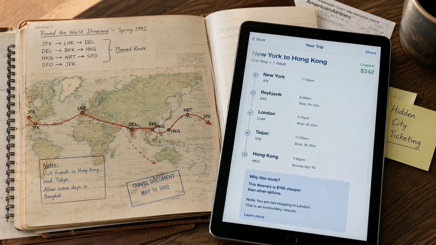A travel itinerary displayed on a tablet next to a vintage map and handwritten flight route notes.