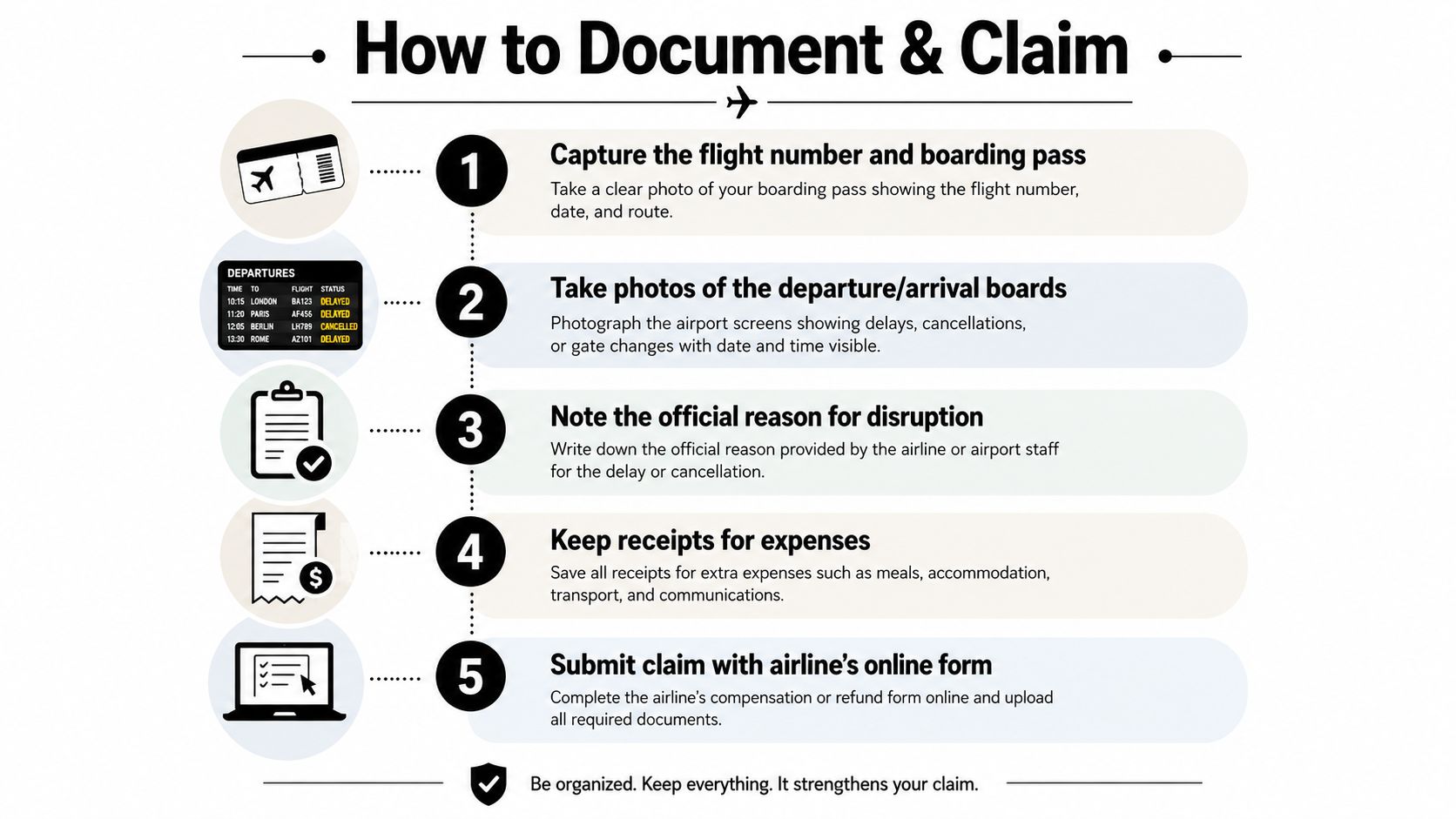 An infographic titled How to Document and Claim showing five steps for airline passengers to claim compensation.