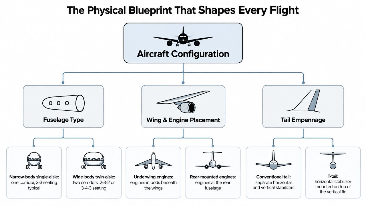 A diagram illustrating aircraft configuration, focusing on fuselage, wing and engine placement, and tail empennage design.
