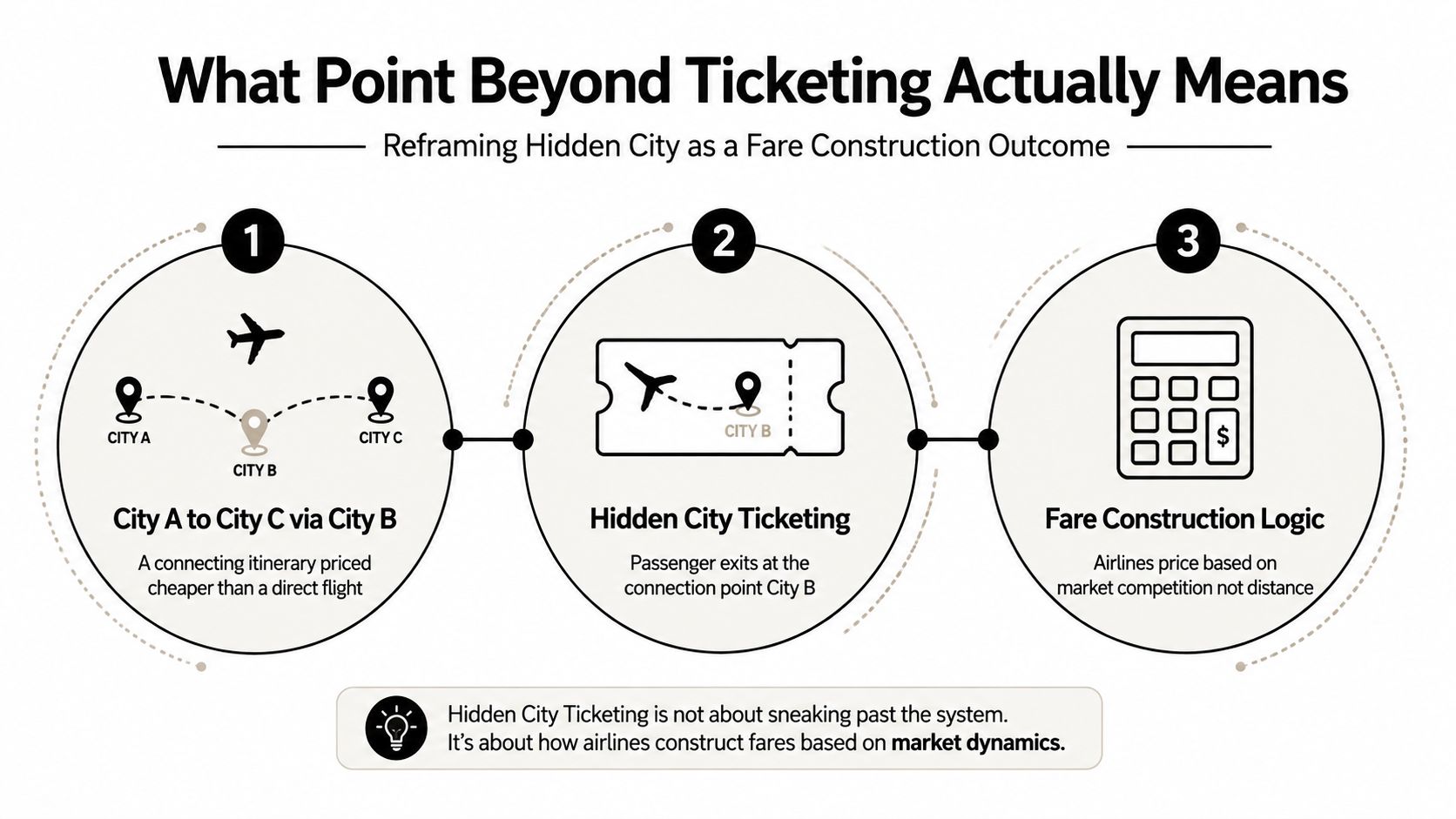 A diagram explaining hidden city ticketing as a strategic result of airline fare construction and market dynamics.