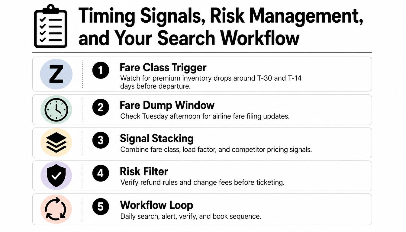 A structured checklist titled Timing Signals, Risk Management, and Your Search Workflow for booking flights strategically.