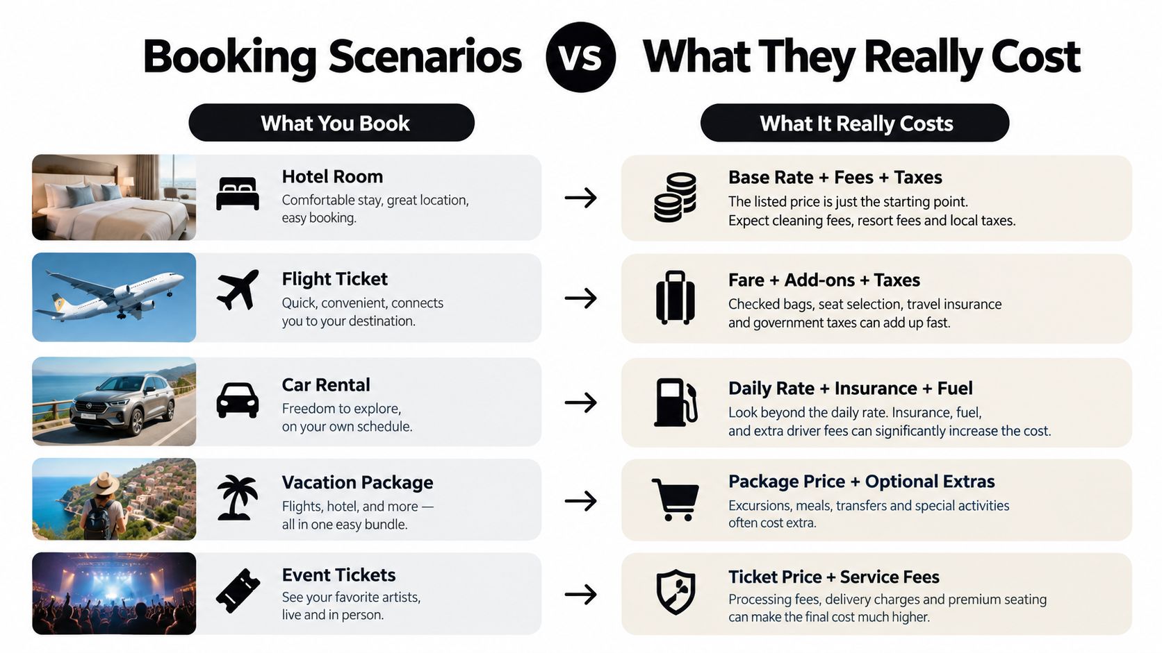 A comparison chart showing how various booking scenarios like hotels and flights have hidden additional costs.
