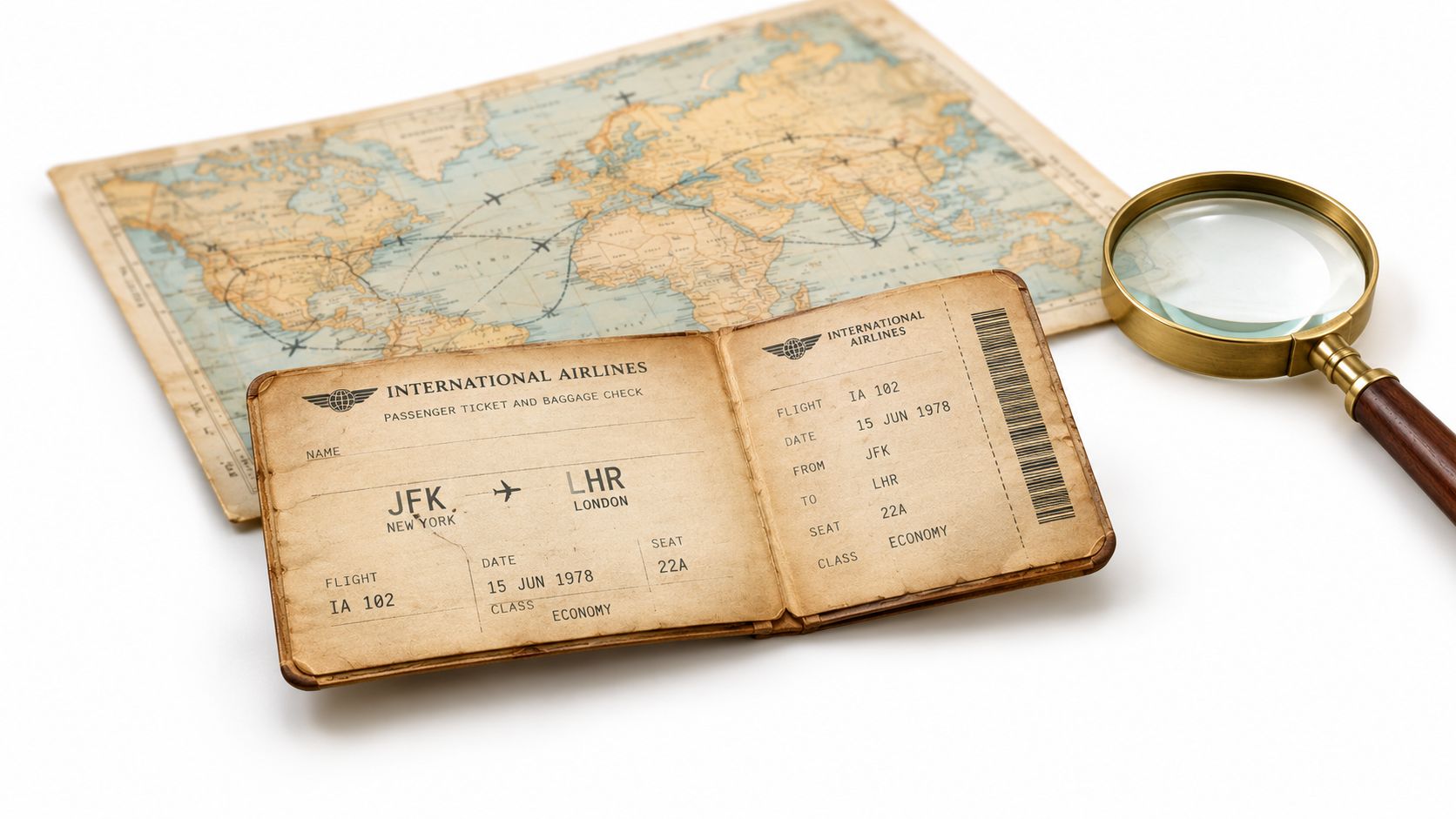 A vintage-style flight ticket from JFK to LHR next to a magnifying glass on a map.