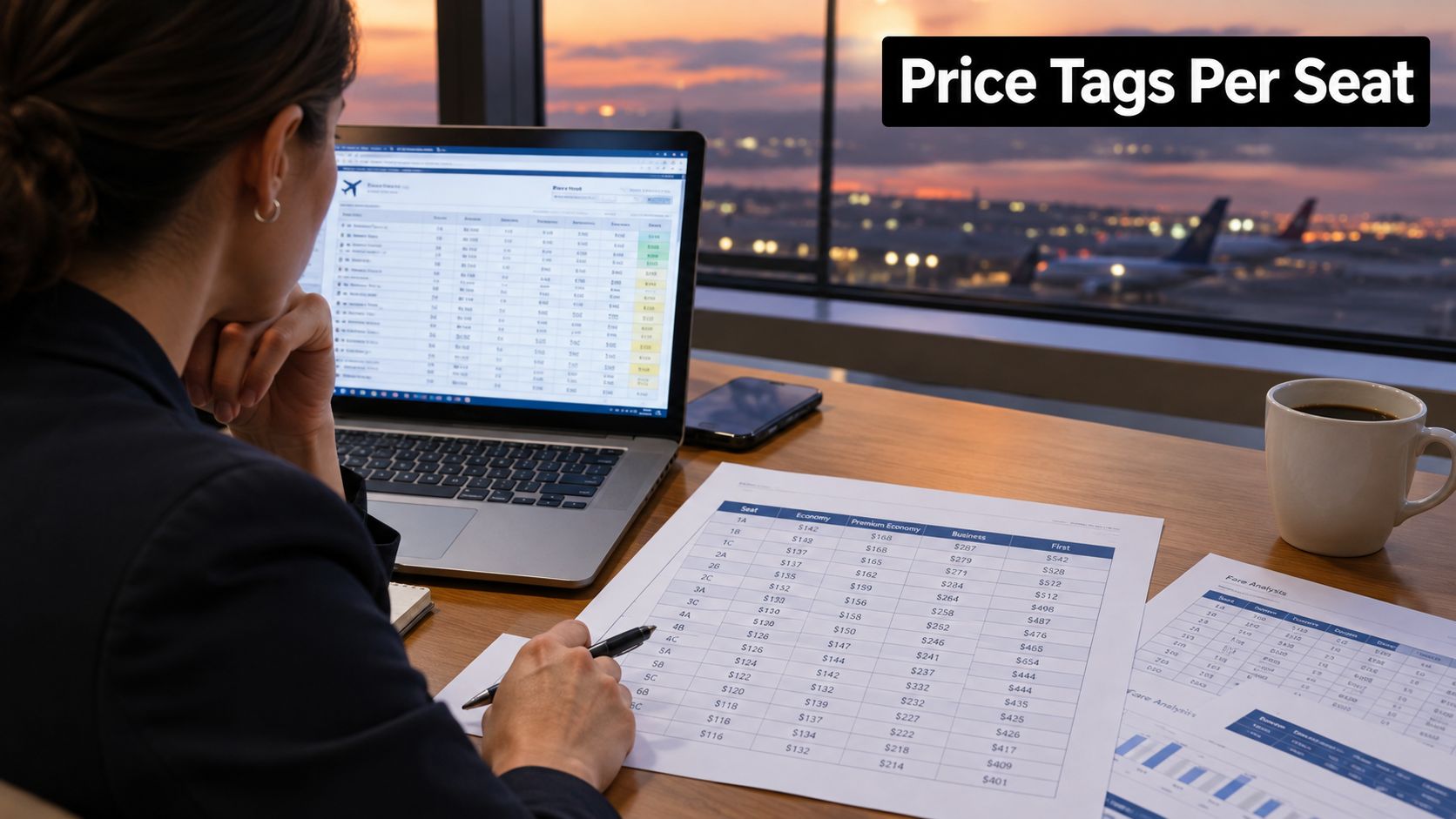 A professional analyzing airfare pricing charts on a laptop and paper document with an airport view.